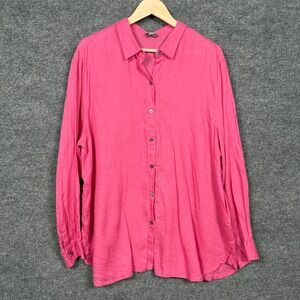 J.Jill Womens Size XL Shirt Blouse Bright Pink 100% Linen Button Up Long Sleeves
